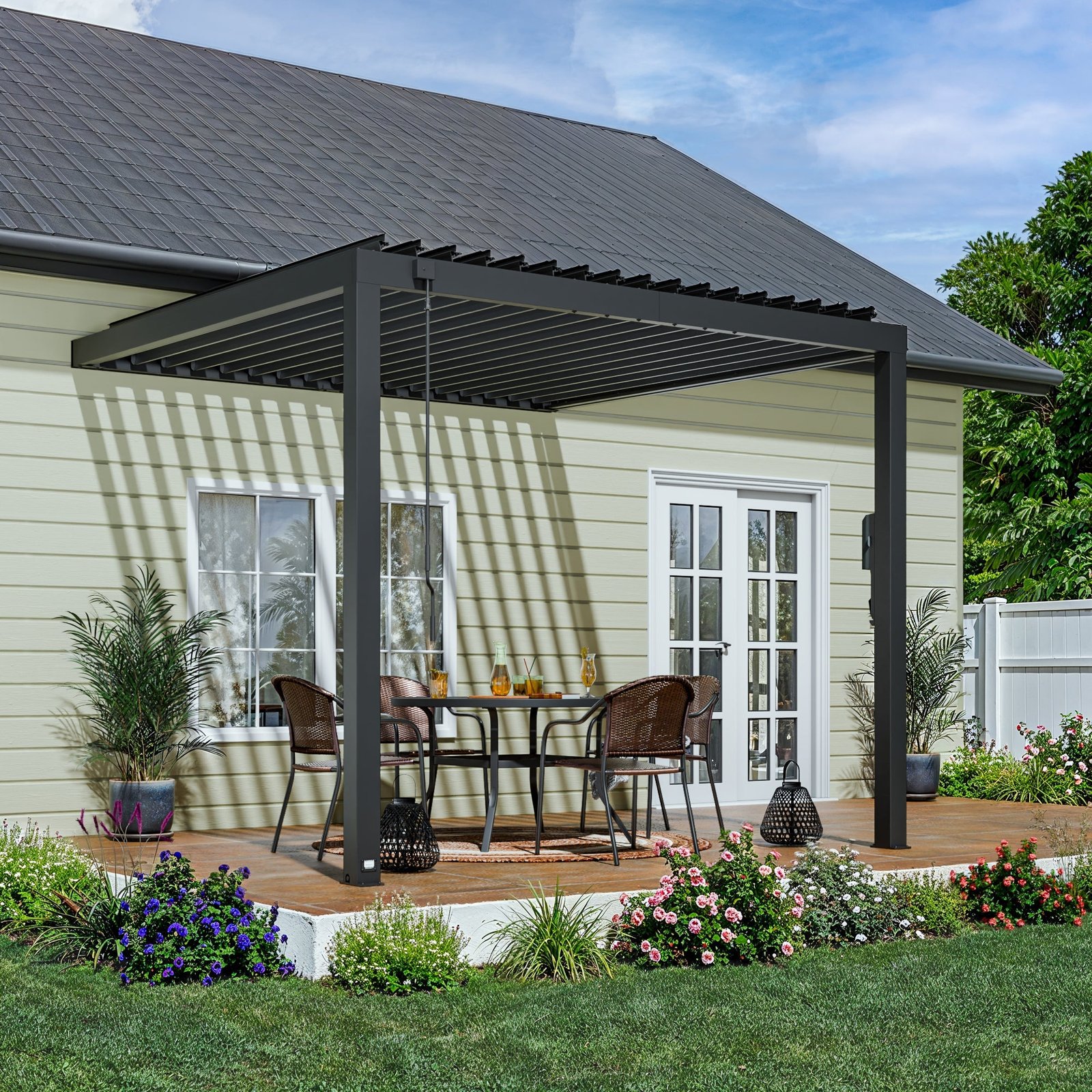 10x10_Evanston__Pergola_Hero_V2 10x10 Evanston Wall Mounted Louvered Pergola - Image 1