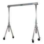 Vestil AHA-2-10-10 aluminum gantry crane with adjustable height, Glass Filled Nylon Casters and sturdy I-beam for flexible lifting.