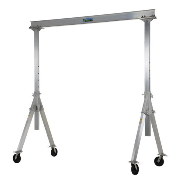 Vestil AHA-2-10-10 aluminum gantry crane with adjustable height, Glass Filled Nylon Casters and sturdy I-beam for flexible lifting.