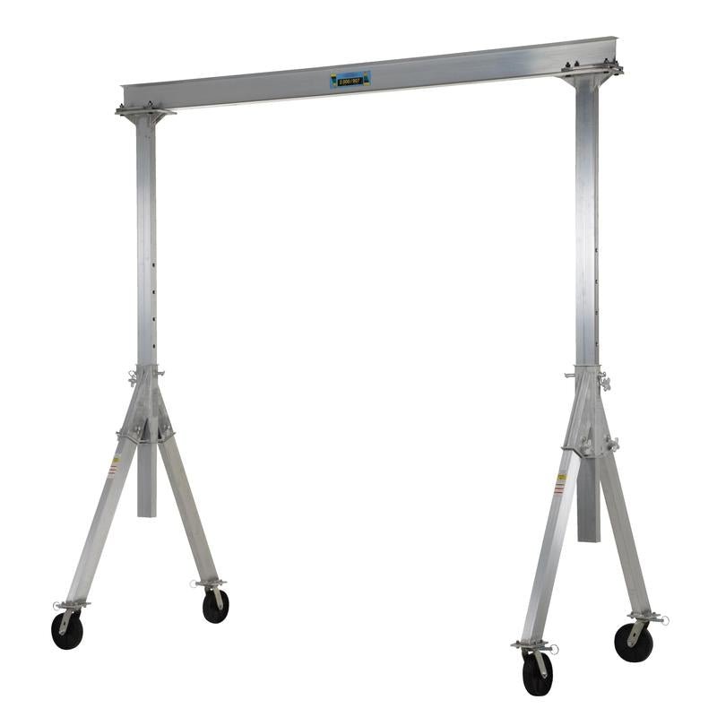 Vestil AHA-2-10-10 aluminum gantry crane with adjustable height, Glass Filled Nylon Casters and sturdy I-beam for flexible lifting.