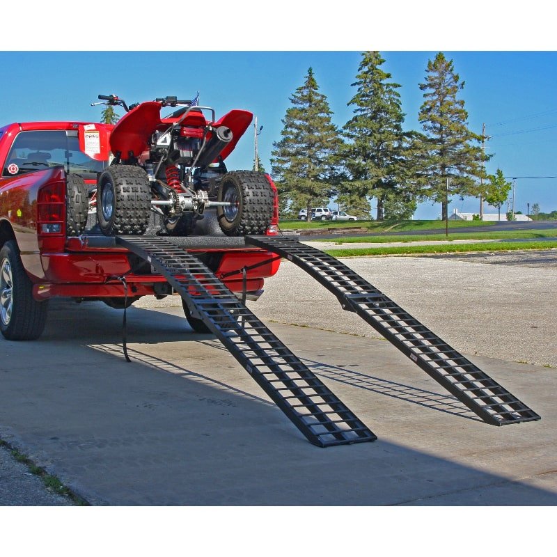 Aluminum_Dual_Runner_Folding_ATV_Ramps_BW-12012-2_mounted_on_the_back_of_a_pickup_truck_with_ATV-1 Black Widow Aluminum Dual Runner Folding ATV Ramps Powder Coated 10' L x 12-1/4" W with 2,000 lbs Capacity - Image 1