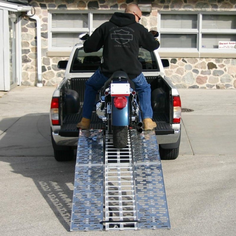 Aluminum_Folding_Arched_3-Piece_Motorcycle_Ramp_AF-9034-HD_in_use Black Widow Aluminum Folding Arched 3-Piece Motorcycle Ramp - 1,500 lbs Capacity - Image 1