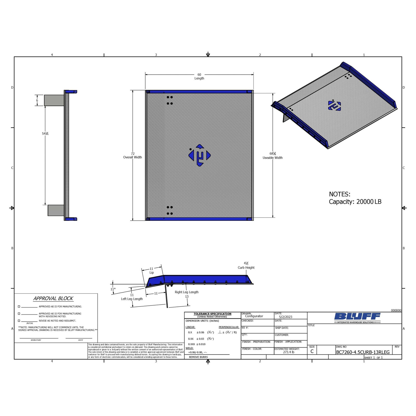 BC7260-4.5CURB-13RLEG-5 Bluff Aluminum Dock Board with Steel Curbs - 72"x60" - Capacity 20.000lbs - Image 1