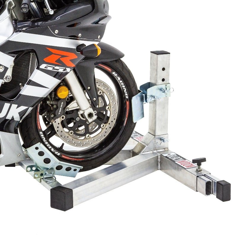 Black_Widow_Adjustable_Width_Motorcycle_Wheel_Chock_BW-PRO-CHOCK_motorcycle_wheel_placed_on_the_wheel_chock Black Widow Adjustable Width Motorcycle Wheel Chock – Aluminum, No-Drill Installation, Fits 43" to 108" Widths - Image 1