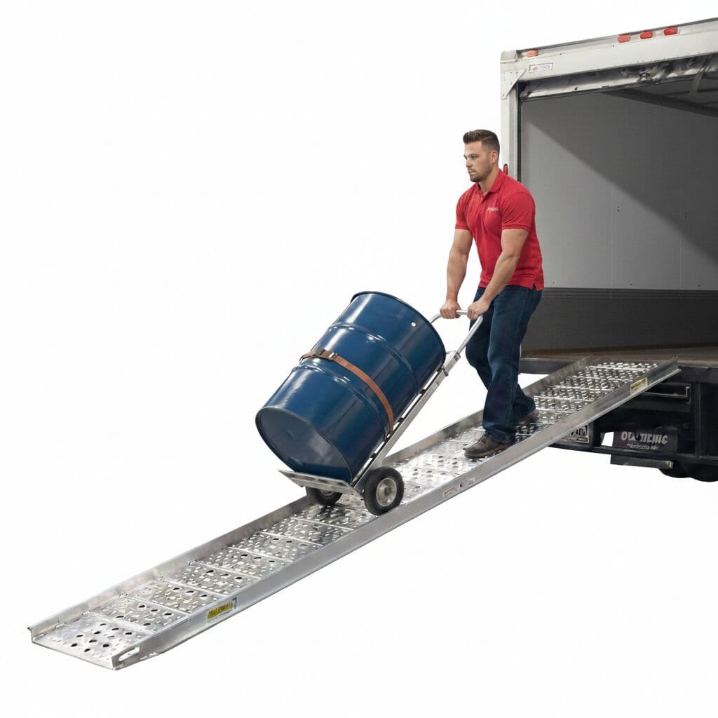 HD_Ramps_Walk_Ramp_in_action_being_used_with_a_hand_truck_b883487e-4480-4c61-a6be-81b95b5c47a4 HD Ramps 12' x 26" Hook-End Aluminum Walk Ramp 1,500 lbs Capacity - Image 1